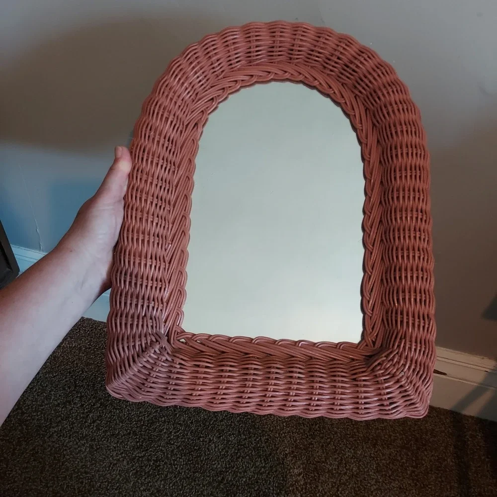 Vintage Arched Wicker Wall Mirror Woven Rattan Terracotta Pink Boho 16x12in